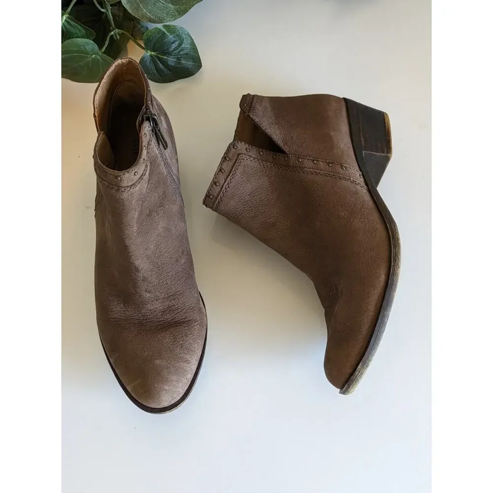 Lucky Brand Beathea Boots Ankle Leather Studded Boho Western Brown Size 7.5